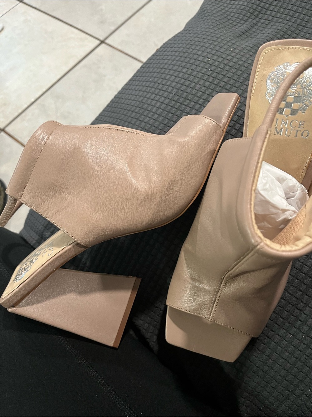 Vince Camuto Beige Taupe Square-Toe Block Heel Mules
